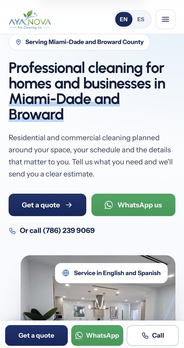 The AYA Nova Pro Cleaning website homepage on a phone