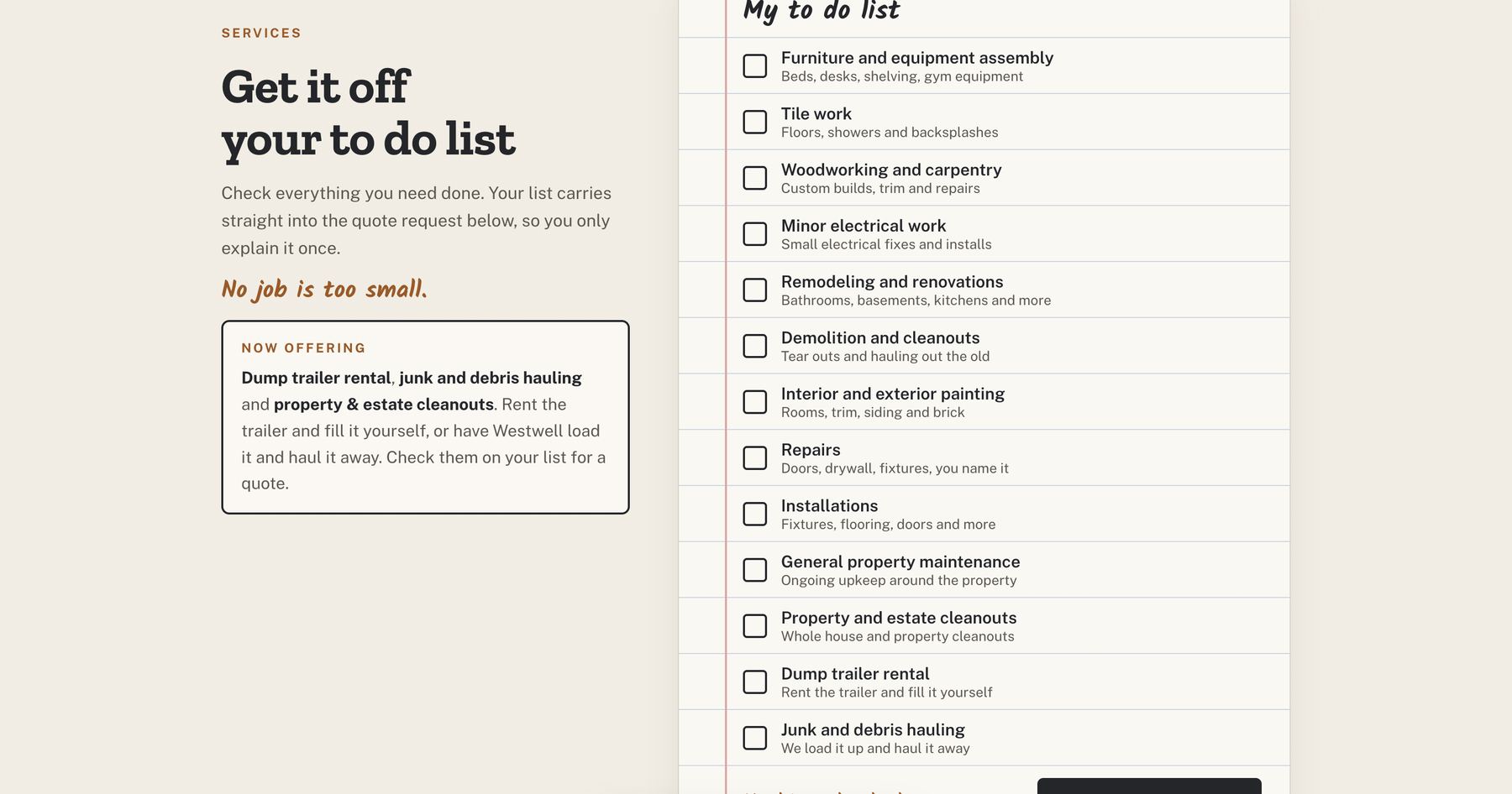 The Westwell to do list, where customers tick jobs like tile work, painting and repairs before asking for a quote